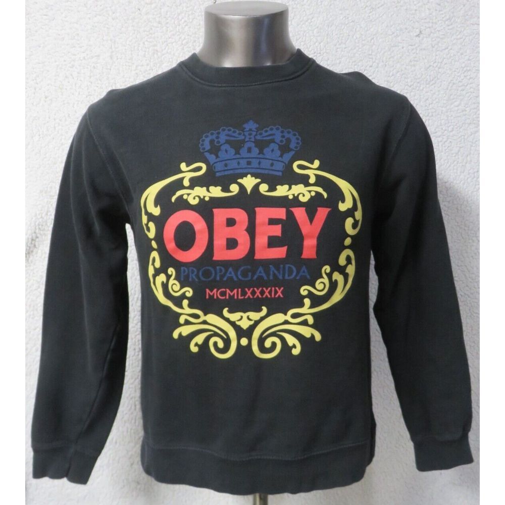 Mens Obey Propaganda Black Crewneck Sweatshirt Size S Cotton Blend Big Logo